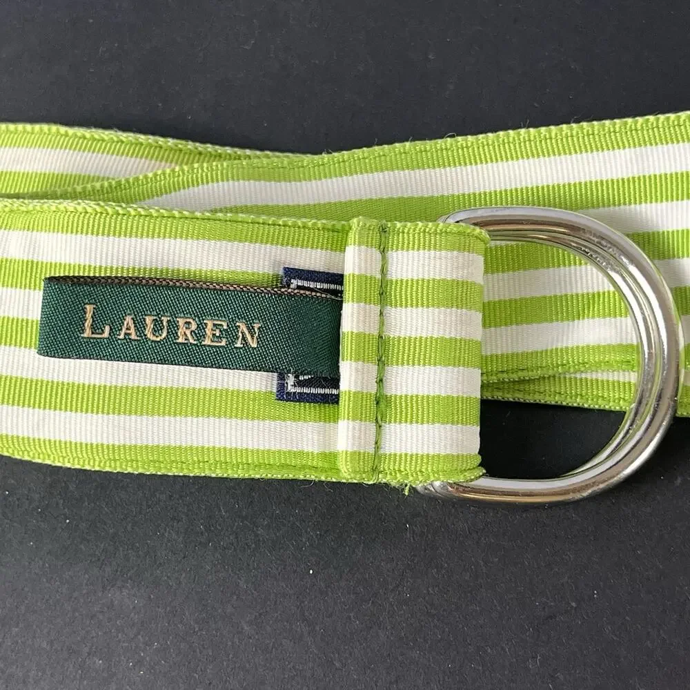 Vintage Lauren Ralph Lauren Ribbon D Ring Belt 38”Length USA Y2K Green Striped